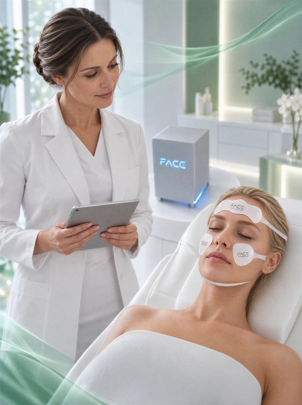 Woman with WonderFace electrodes on her forehead, cheekbone and under the jaw