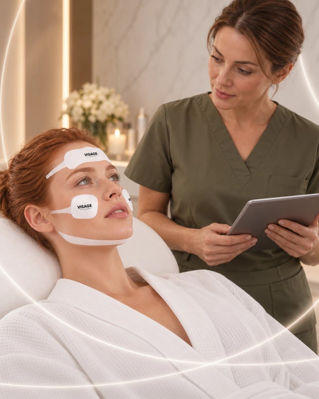 Woman with VISAGE electrodes on her forehead, cheekbone and under the jaw next to a specialist holding a tablet